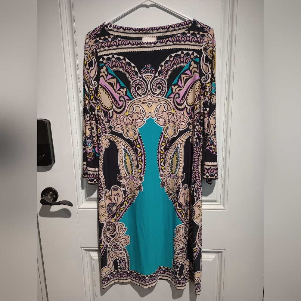 Beige by eci multi pattern dress size 10 3/4 sleeve